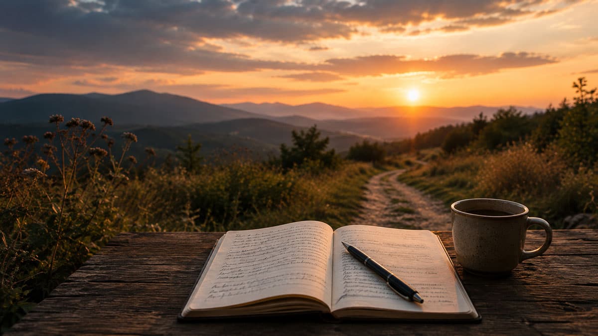 Offenes Notizbuch mit Stift und Tasse auf einem Holztisch vor einem Weg, der bei Sonnenuntergang durch eine Berglandschaft führt.