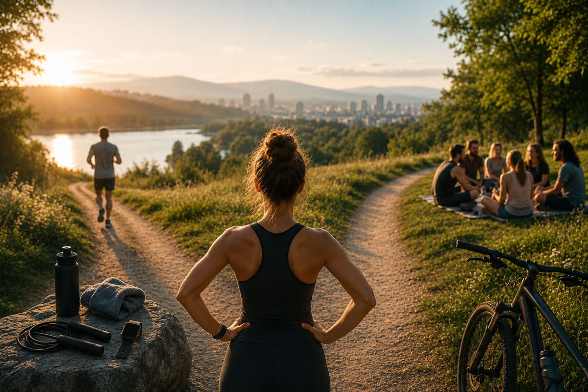 Sportlerin an einer Weggabelung zwischen einem Läufer und einer Gruppe von Menschen in einer sonnigen Landschaft.